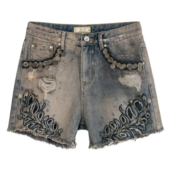 

Summer Vintage Fashion Womens High Waisted Embroidery Ripped Hole Denim Shorts , Hot Stamping Printed Jeans Shorts for Women