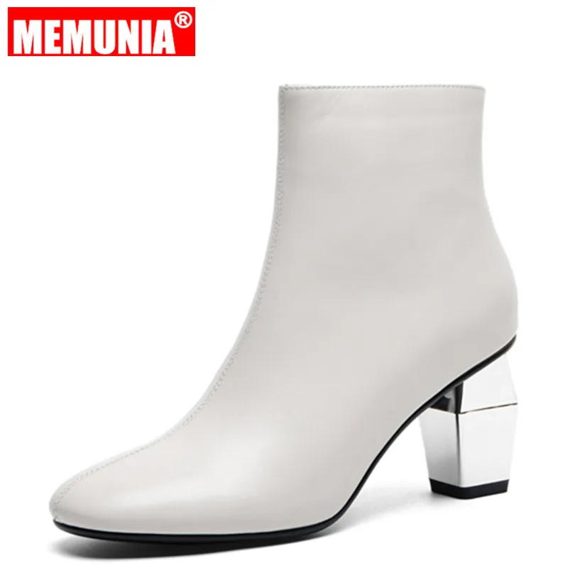 

MEMUNIA 2020 new genuine leather boots thick high heels square toe autumn winter boots solid color zipper ankle boots women shoe