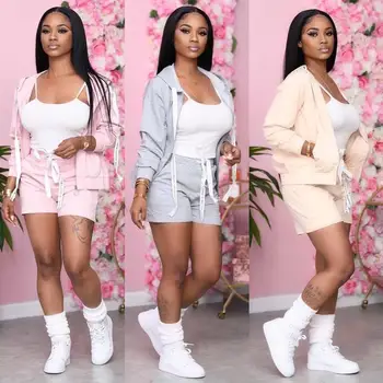 

Autumn Casual Women Two Piece Set Hooded Jacket +shorts Pants Sport Suit tracksuit Solor 3 Color