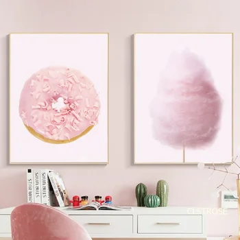 

Nordic Modern Style Pink Girly Heart Cotton Candy Donuts Posters Canvas Pictures For Living Room Decor Painting Unframed