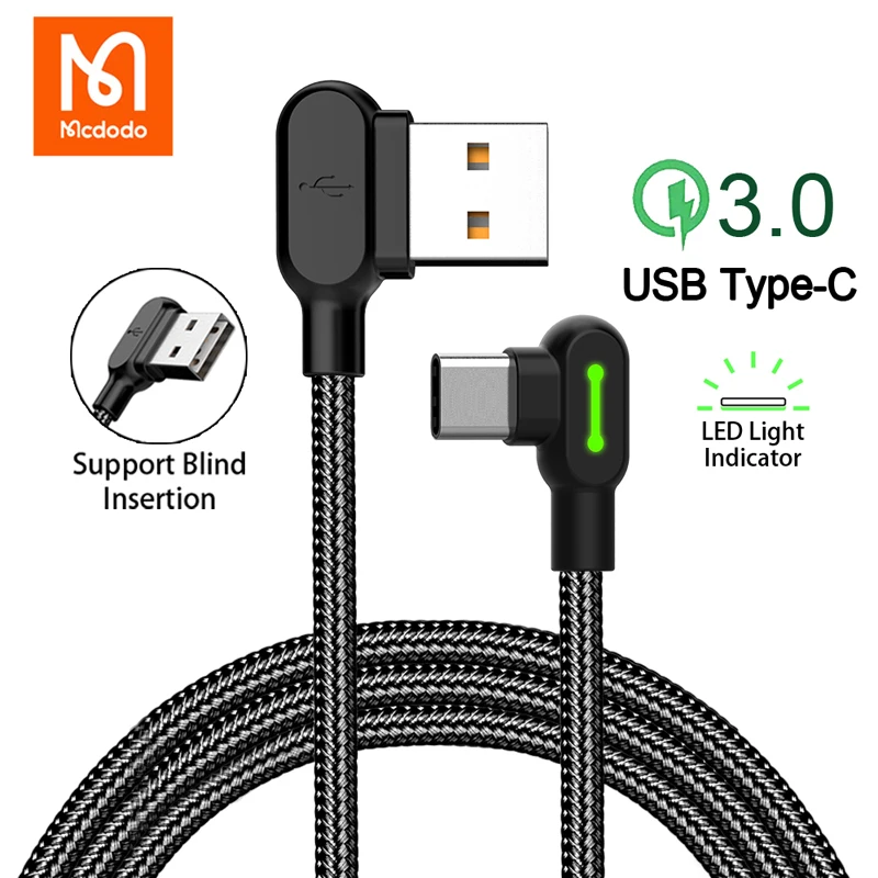 USB Type C 2A Fast Charge Data Sync Cable For Xiaomi Huawei Samsung Android Phone 90 Degree Angle Quick Charger LED Cord