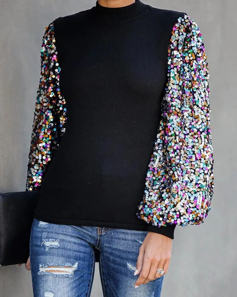 

2019 Fall Fashion Elegant Women Chic Blouse Casual Blouse Mock Neck Lantern Sleeve Sequins Colorblock Insert Blouse