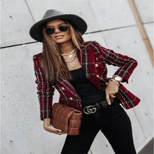 

Women's Blazer Jacket Free Shipping Plaid Printing Tweed Sets Elegant Femme костюм женский Fast Shipping Womans Fashion Suits