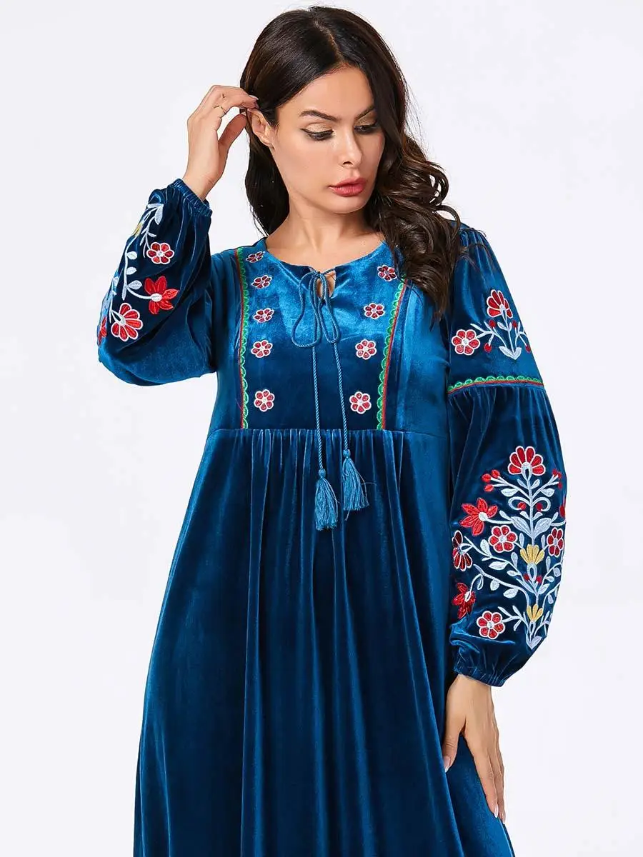 Модное мусульманское женское платье с вышивкой абайя Длинное Макси платье исламский халат одежда кафтан платье из Дубаи арабский шнурок драпированный дизайн