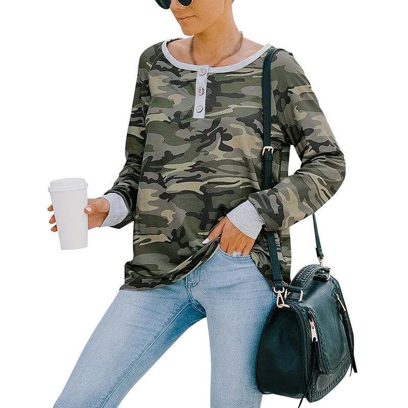 

Loose Fit Half Button Casual T Shirt Tees Crew Neck Autumn Outfit Blouses Tops Long Sleeve Base Shirts for Women