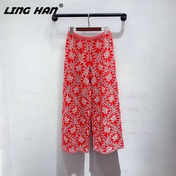 

LINGHAN Fashion Embroidery Wide Leg Pants Women Elegant Hollow Out knitting Long pants Designer Spring Summer New