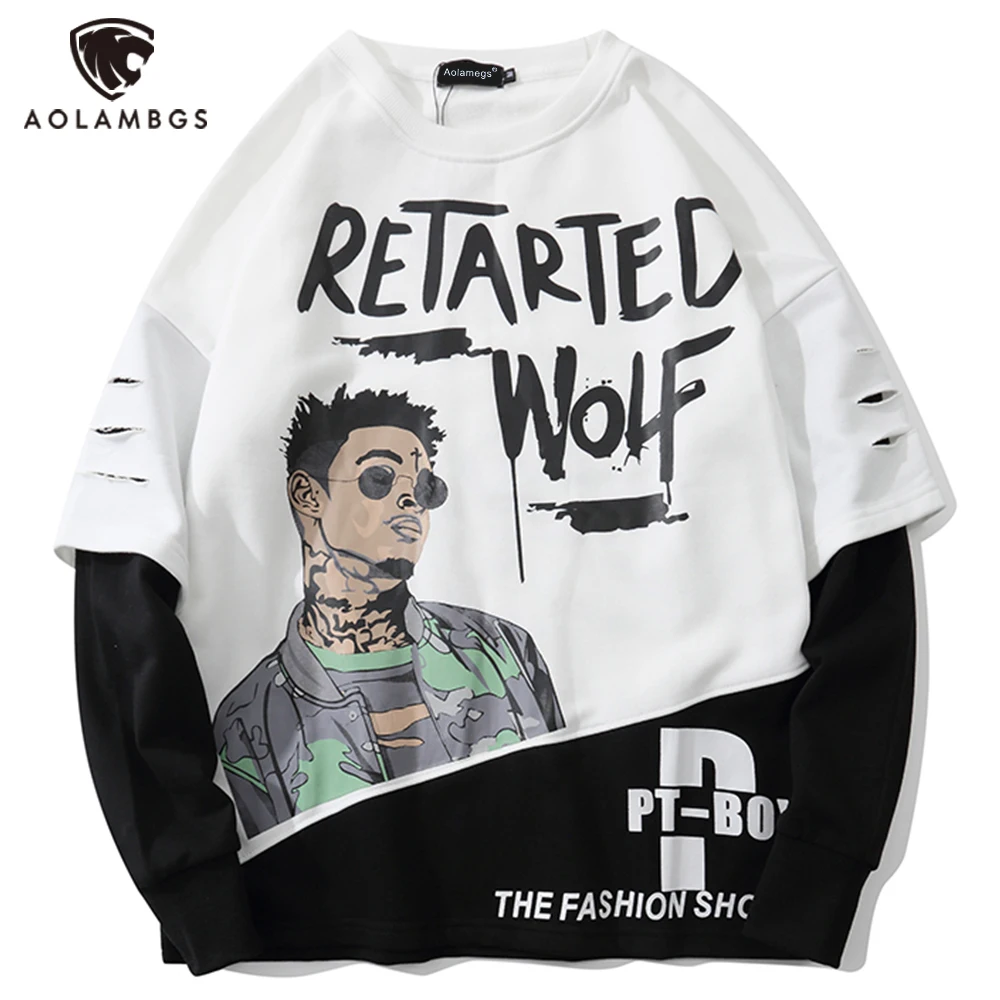 

Aolamegs Hip Hop Fashion Boy Print Broken Hole Sweatshirt Streetwear Men Fake 2 Pieces O-Neck Casual Cargo High Street Pullover