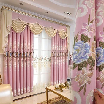 

Europe Embroidered Floral Blackout Curtains For Living Room Luxury Blue Pink window Curtains For Bedroom Kitchen