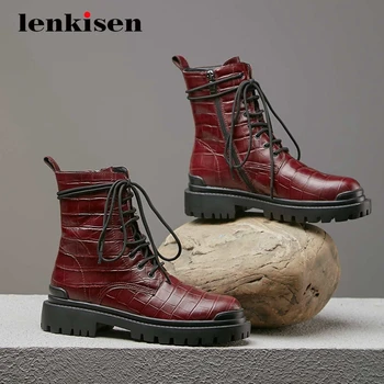 

Lenkisen short boots natural leather stone pattern vintage round toe thick med heel zipper platform daily wear ankle boots L33
