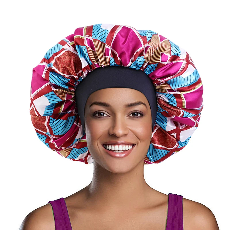 

New Large Size African Pattern Satin Bonnet With Elastic Band Night Sleep Cap Ankara Style Hair Care Hat Hair Accessories