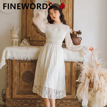 

FINEWORDS 2020 Spring New Gentlewomen Elegant Korean Style Ladies Dresses Beige Midi Party Kawaii Dress Plus Size Vintage Dress