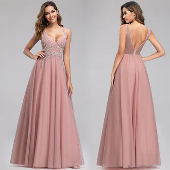 

Evening Dresses Nude Pink A-Line Women Party Dress R131 V-Neck Sling Formal Banquet Gowns Sleeveless Sexy Robe De Soiree 2020