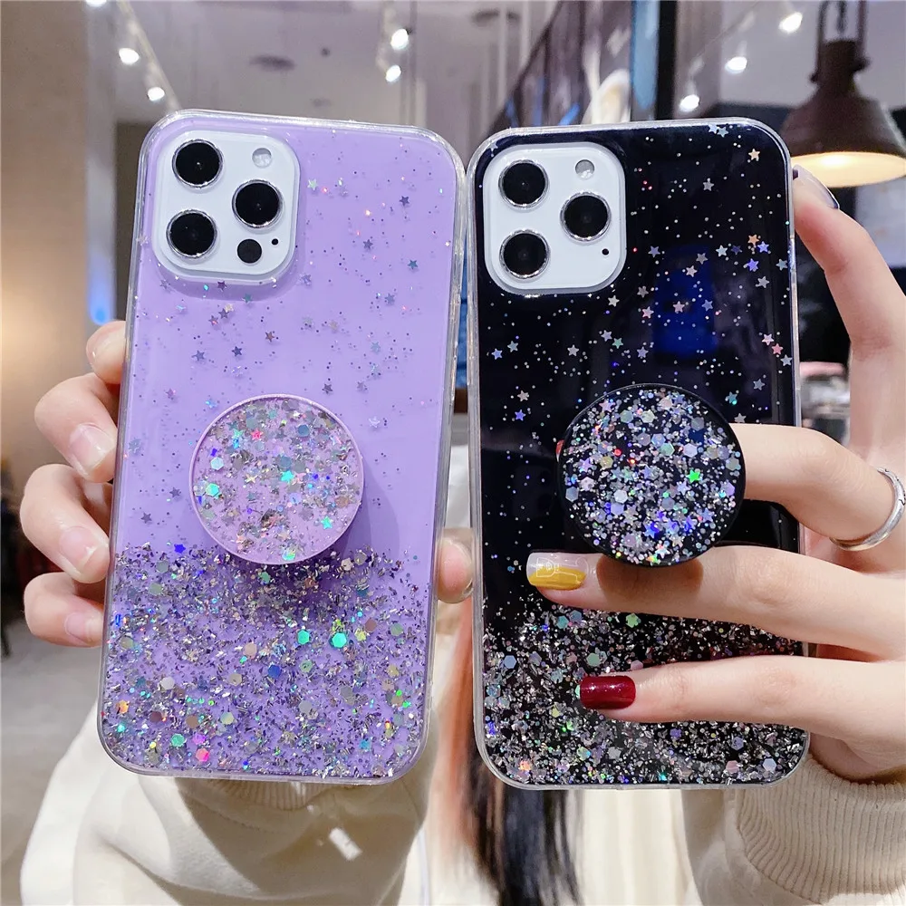Clear Glitter Holder Stand Phone Case For Xiaomi 11 Lite 10 Ultra 10T 9T Note Pro Silicone Sequins Coque | Мобильные телефоны и