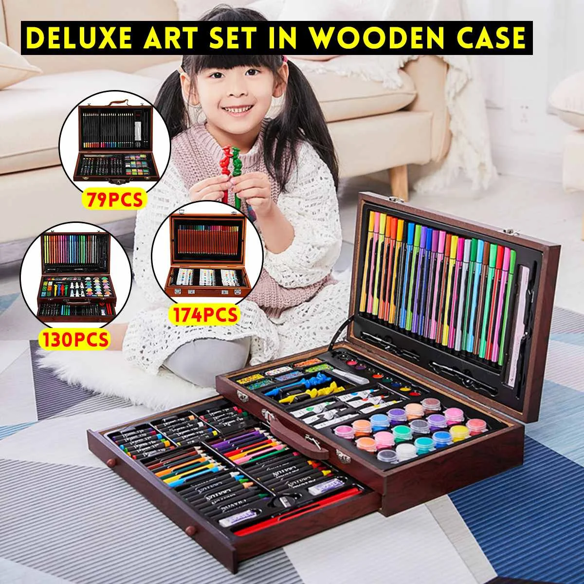 

79-174Pcs Creativity Kids Gift Painting Graffiti Paint Brush Set Children Artists Art Sets Stationery+ Portable Wood Storage Box