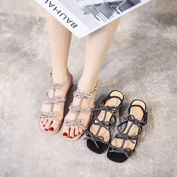 

Shallow Mouth Rhinestone Sandals Bow Shoes Block Heels Suit Female Beige 2020 Women's Med With Chunky Heeled Clear Sale Fashion