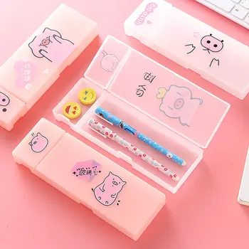 

Girl Heart Pen Box Cute Student Transparent Plastic Stationery Scrub Small Fresh Cartoon Pencil Case School Supplies