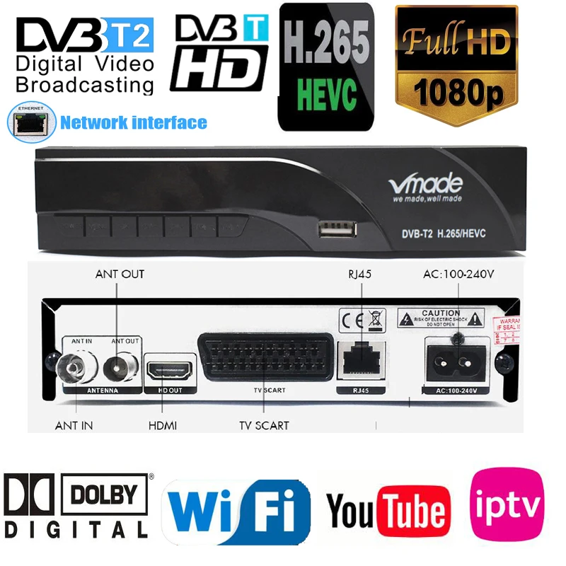 Новый H265 DVB T2 цифрового вещания ТВ коробка Dvb наземного приемник с HDMI Scart Dolby Ac3 H.265