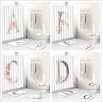 

A -N Alphabet Letters Pattern Bathroom Waterproof Shower Curtain Set Pedestal Rug Lid Carpet Toilet Cover Bath Mat Set