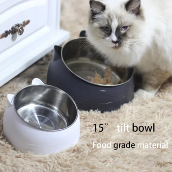 

15 Degree Tilted Pet Cat Bowl Stainless Steel Puppy Cats Food Drink Water Feeder With Non-slip Base Neck Protection Dish Bowl