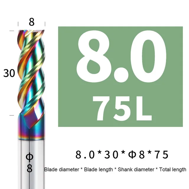Colorful End Mill Aluminium HRC55 3F Milling Cutter Acrylic Wood Copper Plastic Cutting Tool CNC Maching Milling Tools Endmils 8X30XD8X75L