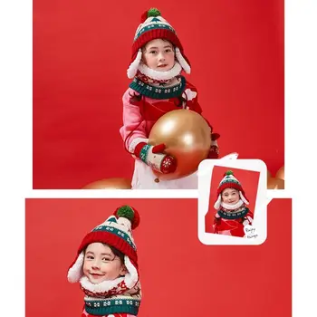 

2020 New Toddler Kids Christmas Contrast Color Pompom Earflap Hat Scarf Gloves 3 Pcs Set
