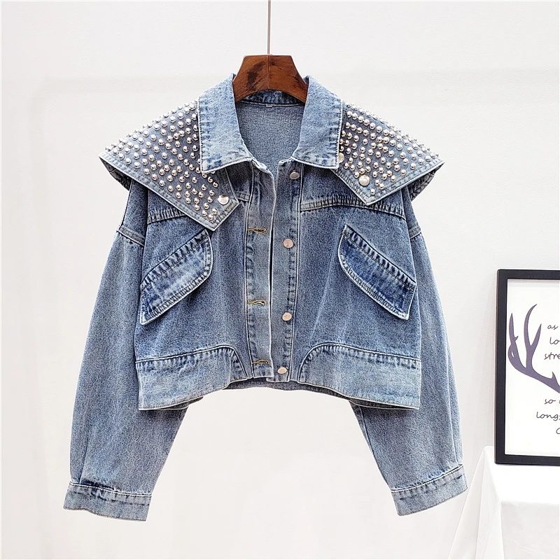 

Vintage Removable Rivet Shawl Denim Jacket Women Streetwear Fashion Loose Short Long sleeve Jeans Jacket Coat Female Outerwear