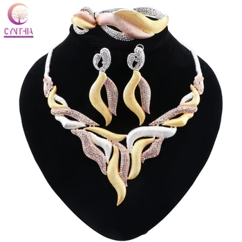 

CYNTHIA Dubai Gold Jewelry Set for Women Crystal Leaf Shape Jewelry Classic Style Necklace Earrings Ring Bracelet Bridal Jewelry