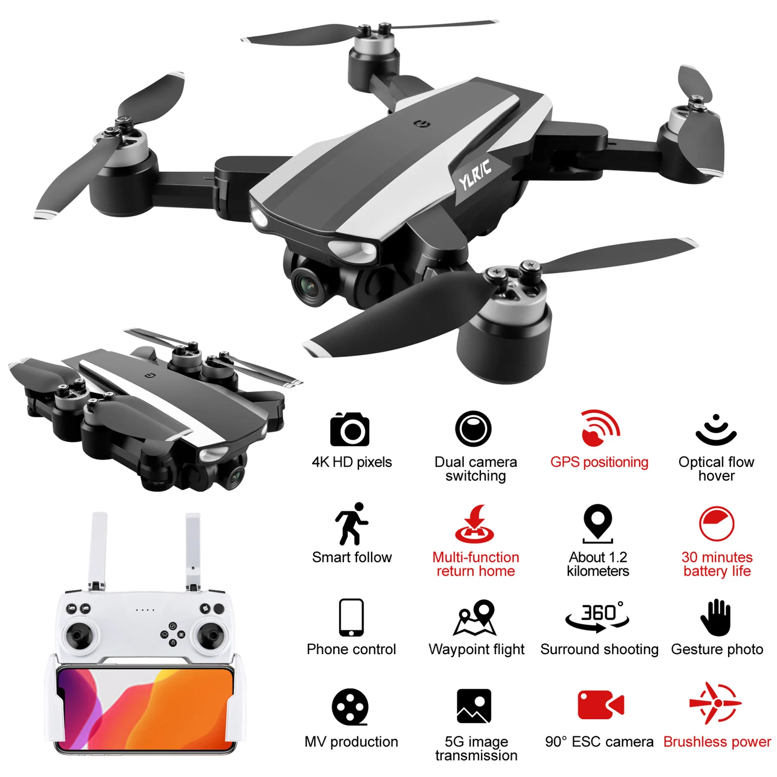 S105 Drone 5G FPV Brushless 4K HD Camera GPS RC Quadcopter 4K 2 Battery 