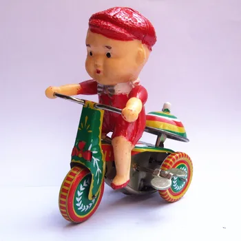 

[Funny] Adult Collection Retro Wind up toy Metal Tin Child ride bike playing ringing tricycle Mechanical Clockwork toy figure