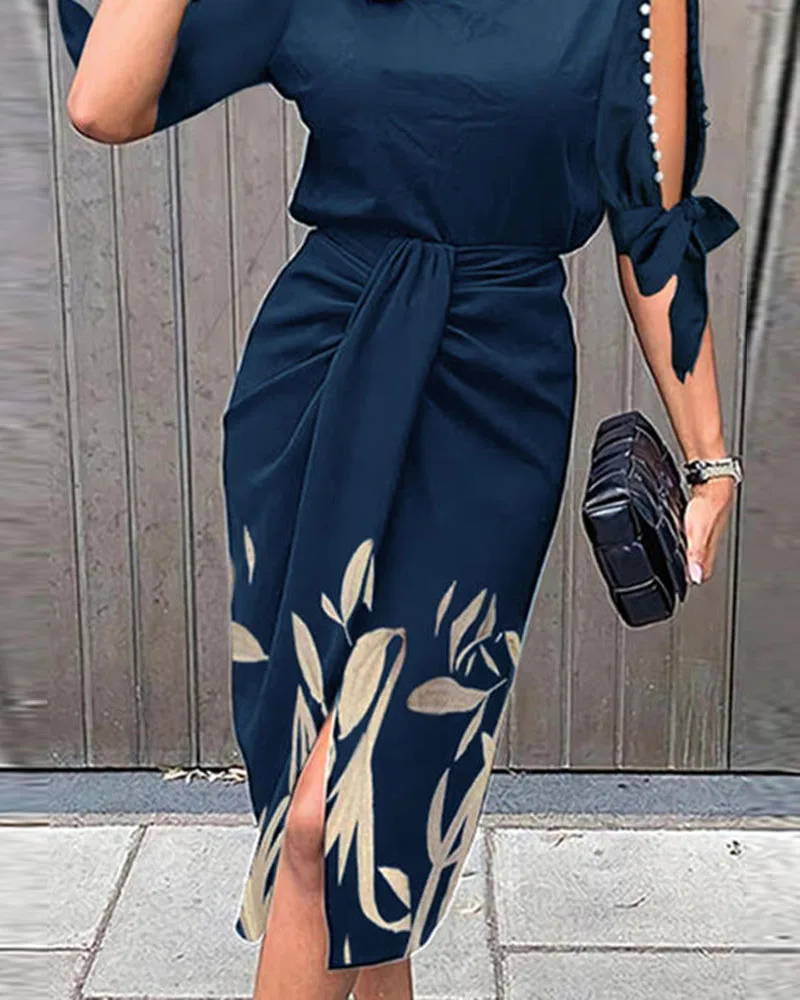 Autumn Women Leaf Print Pearls Decor Knotted Work Dress 2021 Femme Elegant Round Neck Midi Robe Lady Clothing traf Vestidos