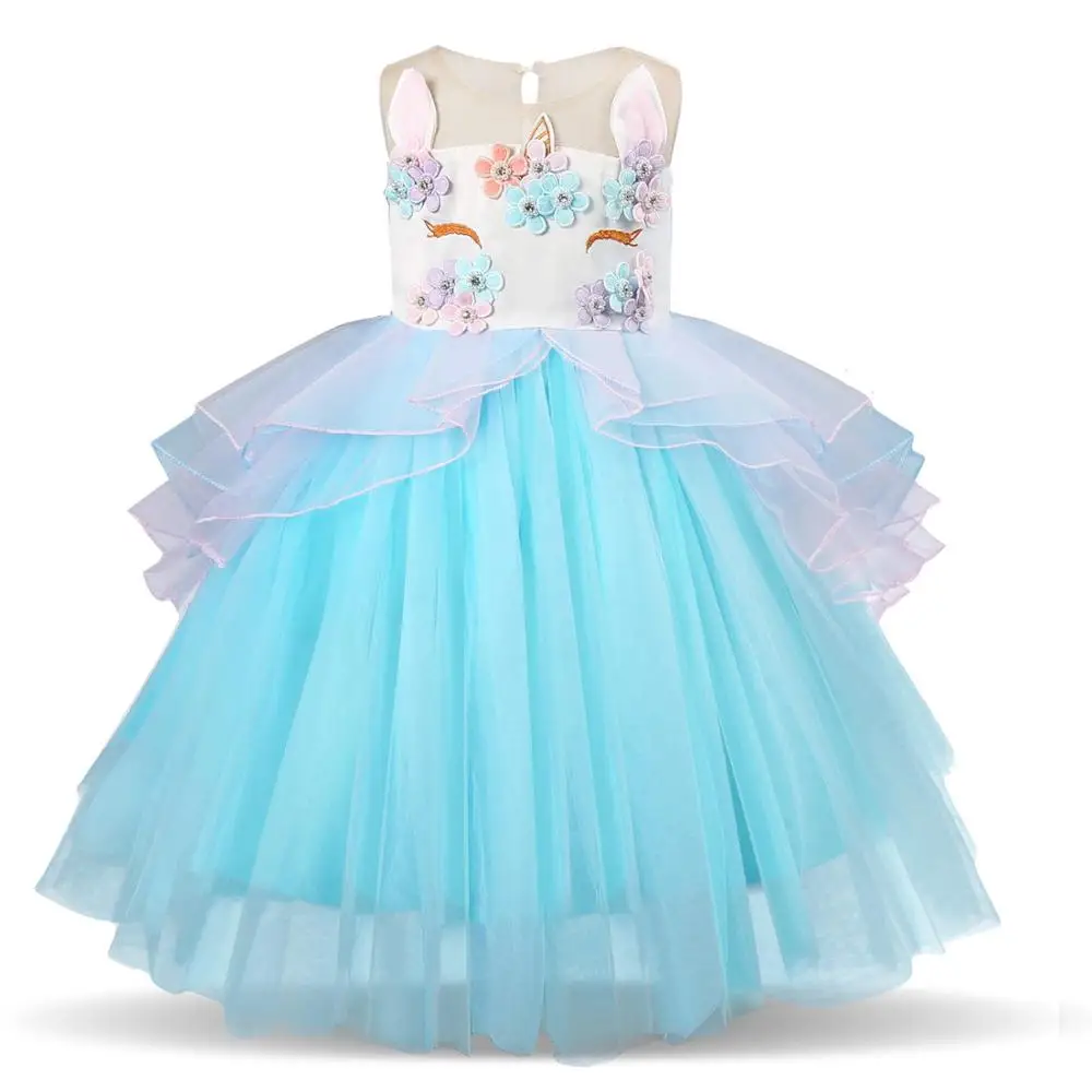 Коллекция года, нарядное рождественское платье для девочек Детские платья для девочек, вечерние платья с единорогом одежда для детей Карнавальный костюм для детей возрастом 3, 4, 5, 6, 7, 8 лет - Цвет: Blue