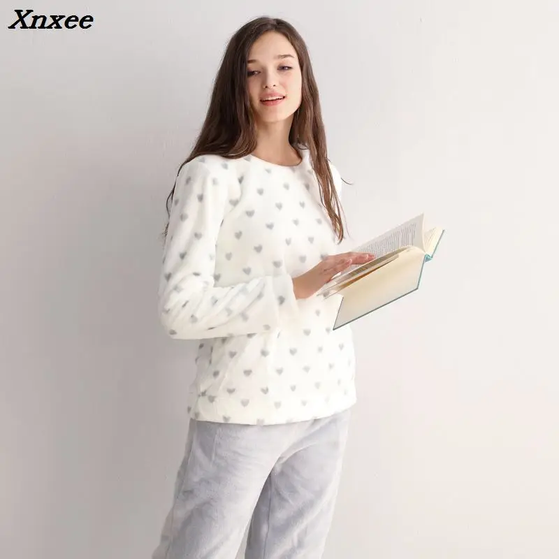 two piece 2018 autumn winter women ladies fleece Warm soft Flannel heart printed pajamas suit Female casual home clothes Xnxee
