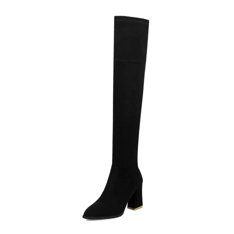 TAOFFEN/Модные женские роскошные сапоги в западном стиле Сапоги выше колена на квадратном каблуке замшевые кожаные сапоги размер 34-43 - Цвет: Черный