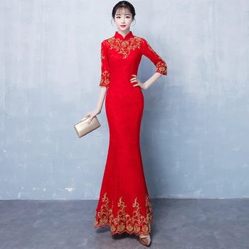 

Sexy Women Long Fishtail Qipao Elegant Red Chinese Bride Wedding Dress Exquisite Lace Mandarin Collar Cheongsam Vestidos Defesta