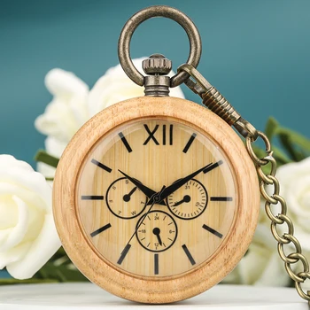 

Full Wooden Pocket Watch Lightweight Bamboo Quartz Pocket Watches Roman Numerals Bronze Hanging Chain Pendant Clock men women