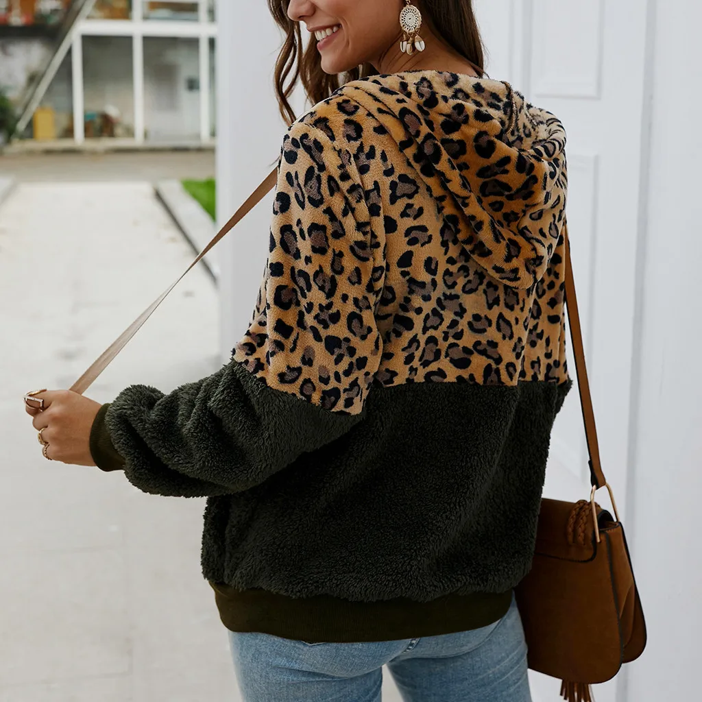 Finest  Women Coat Leopard Print Patchwork Fleece Jacket Autumn Winter Warm Long Sleeves Hooded Coat Female