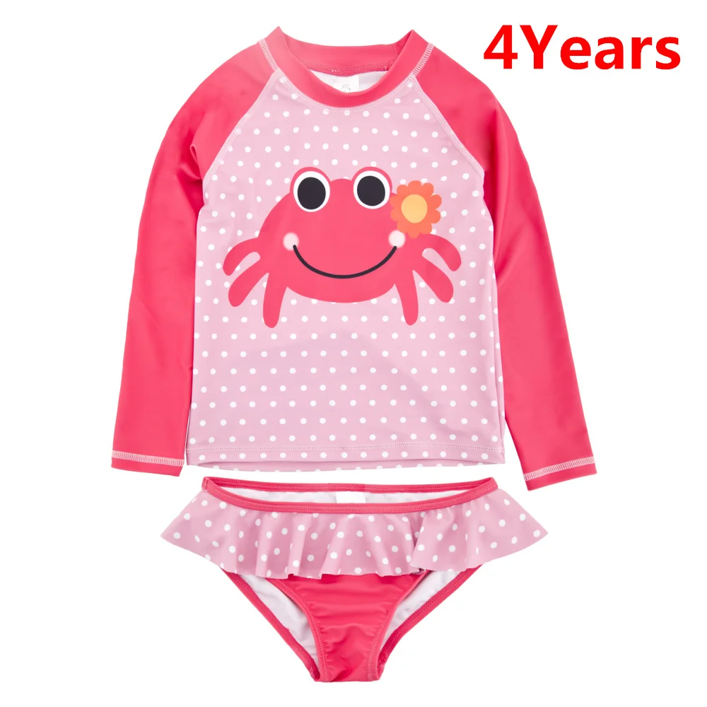 4Years Kavkas Kids Girls Two Pieces Swimming Set Summer Baby Girls Swimwear Crab Printed Swimsuit Infantil Falbala Rash Guards Set - Color: 4Years