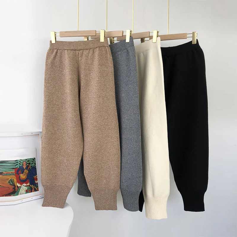 Aachoae 2020 Autumn Winter Knitted Pants Women Elastic Waist Drawstring Trousers Long Pencil Pants With Pockets Ladies Bottoms
