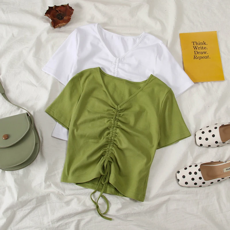 

Women's T-shirt new short paragraph umbilical tight body and mind machine niche design avocado green drawstring shirt