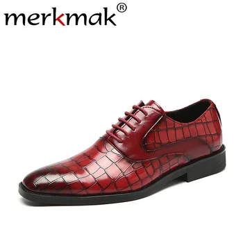 

Merkmak Pointed Toe Men Shoes Fashion Crocodile Pattern Business Leather Shoes Big Size 37-48 Party Wedding Footwear Best Gift