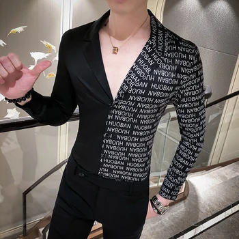 

Paneled Long Sleeve Shirt2020 Male Shirt British Style Long Sleeve Jacket V Lead Printing Personality Shirt Camisas Masculina