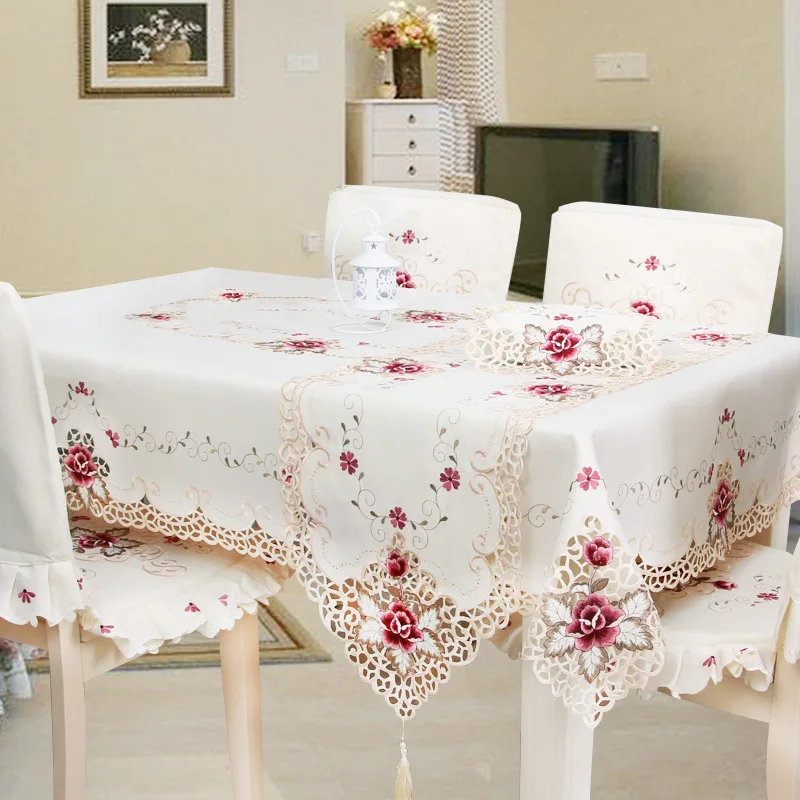 

Fashion Floral Embroidered Tablecloth Rectangular Pastoral Hollow Out Table Cover European Anti-slip Table Cloth Home Decorative