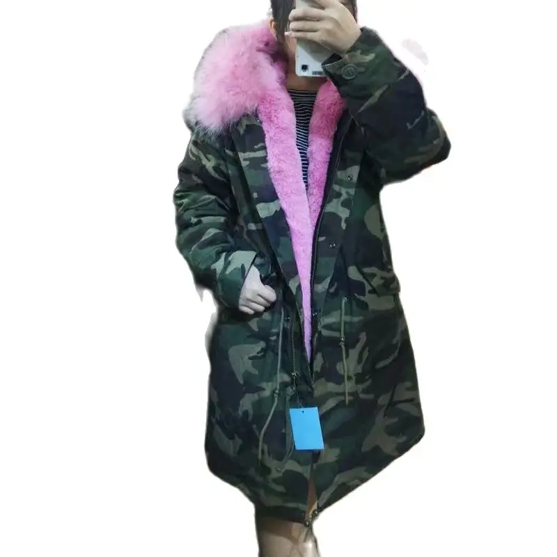 

Камуфляжная парка для Mr Mrs Wear, розовая меховая подкладка с капюшоном из натурального меха, меховая куртка