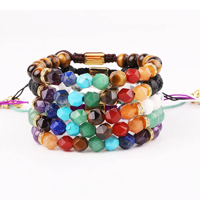 New Design High Quality 7 Chakra Stone Beads Lava Energy Healing Yoga Beaded Adjustable Macrame Bracelet Women Men