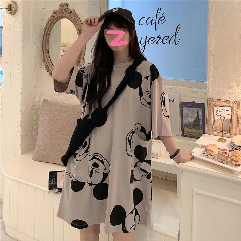 Disney Women Dress Mickey Mouse Printed Summer Clothes for Lady Loose Shirt Dress Cartoon Pockets Fashion Harajuku Dresses Women