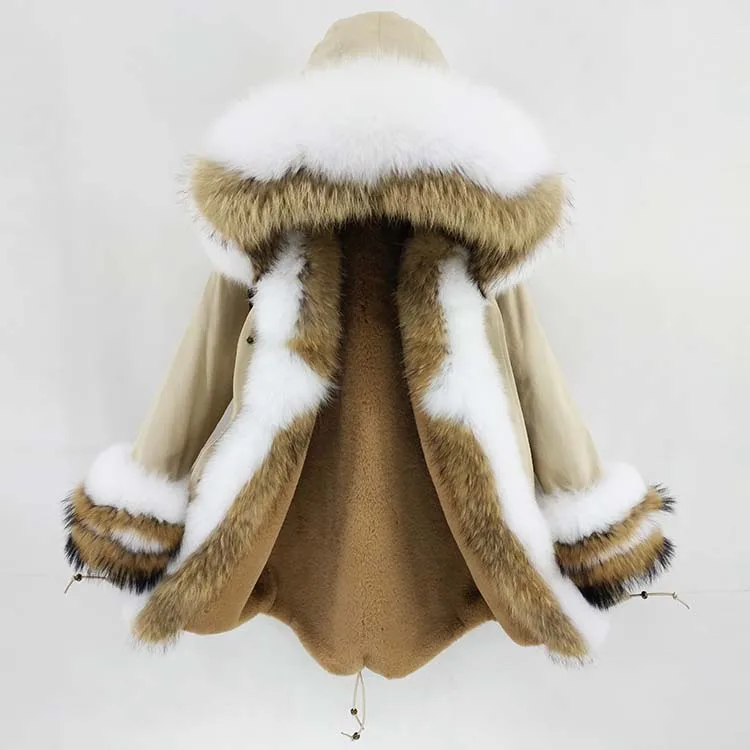 Длинная парка, пальто из натурального меха, зимняя куртка для женщин, натуральный мех енота, Лисий меховой капюшон, воротник, манжеты, толстая теплая верхняя одежда, новинка - Цвет: placket cuffs 8