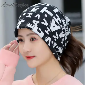 

LongKeeper Fashion Women Spring Autumn Causal Beanies Scarf Letter Pattern Female 4 Usages Headwear Free Shipping for Brazil