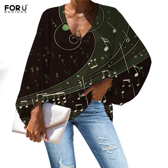 FORUDESIGNS/женские шифоновые блузки с v-образным вырезом и мелом и музыкальными нотами; повседневные рубашки с рукавами-колокольчиками на заказ; весенняя одежда - Цвет: HMC2926B2