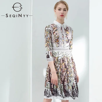

SEQINYY Pleated Dress 2020 Summer Spring New Fashion Design Women Half Sleeve Crystal Flowers Printed High Quality Knee Dress