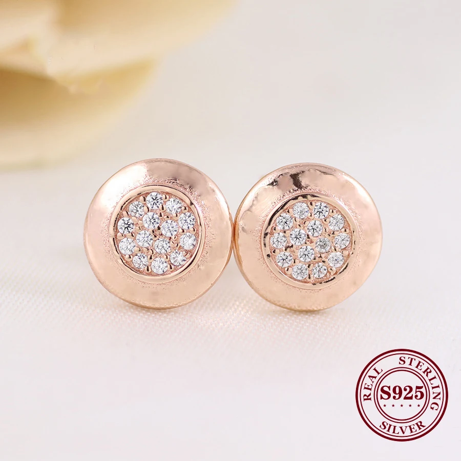 

Free Shipping Real 925 Sterling Silver Earring Rose Gold Round Shiny Earrings For Women Wedding Gift Fashion Jewelry